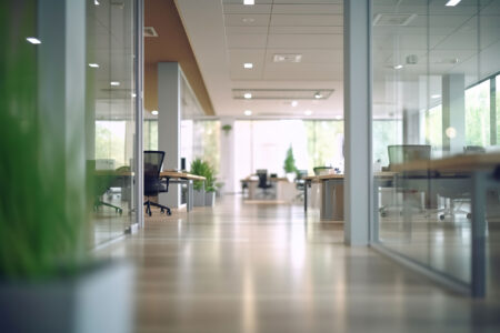 Modern office interior with a perspective view down a hallway flanked by glass walls, showing rows of desks with ergonomic chairs and computers, under a ceiling with recessed lighting. The space is designed with a minimalistic approach and a neutral color palette, creating a professional atmosphere.