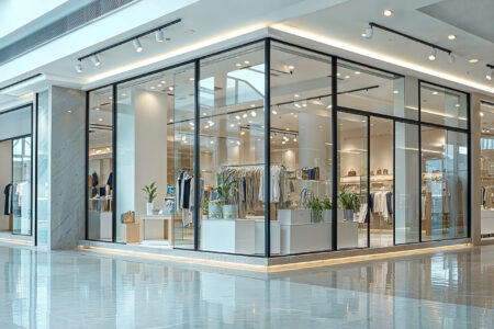 Modern clothing store with large floor-to-ceiling glass windows in a shopping mall. Inside, neatly arranged racks display neutral-toned apparel, handbags, and accessories. Potted plants decorate the entrance and display tables, complementing the clean, minimalist interior with white and light wood finishes. Ceiling spotlights provide bright, even lighting throughout the space complimented by polished concrete flooring.